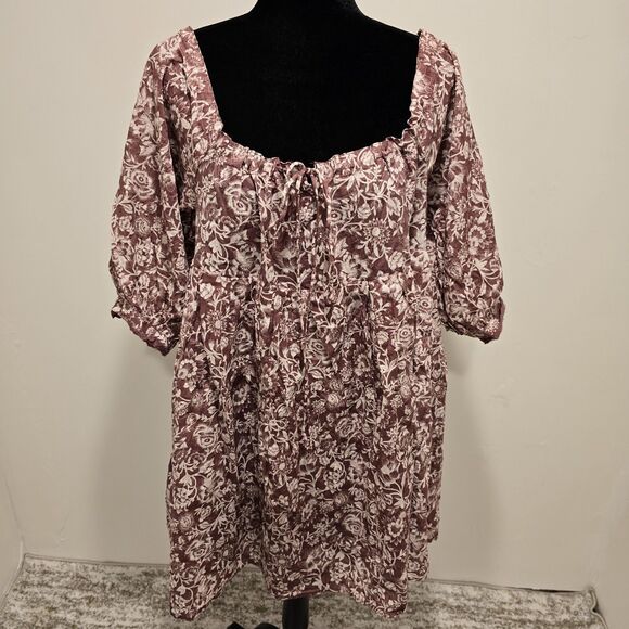Olivaceous Boho Floral Short Puff Sleeve Mini Baby Doll Dress Maroon Size Medium - Picture 1 of 12